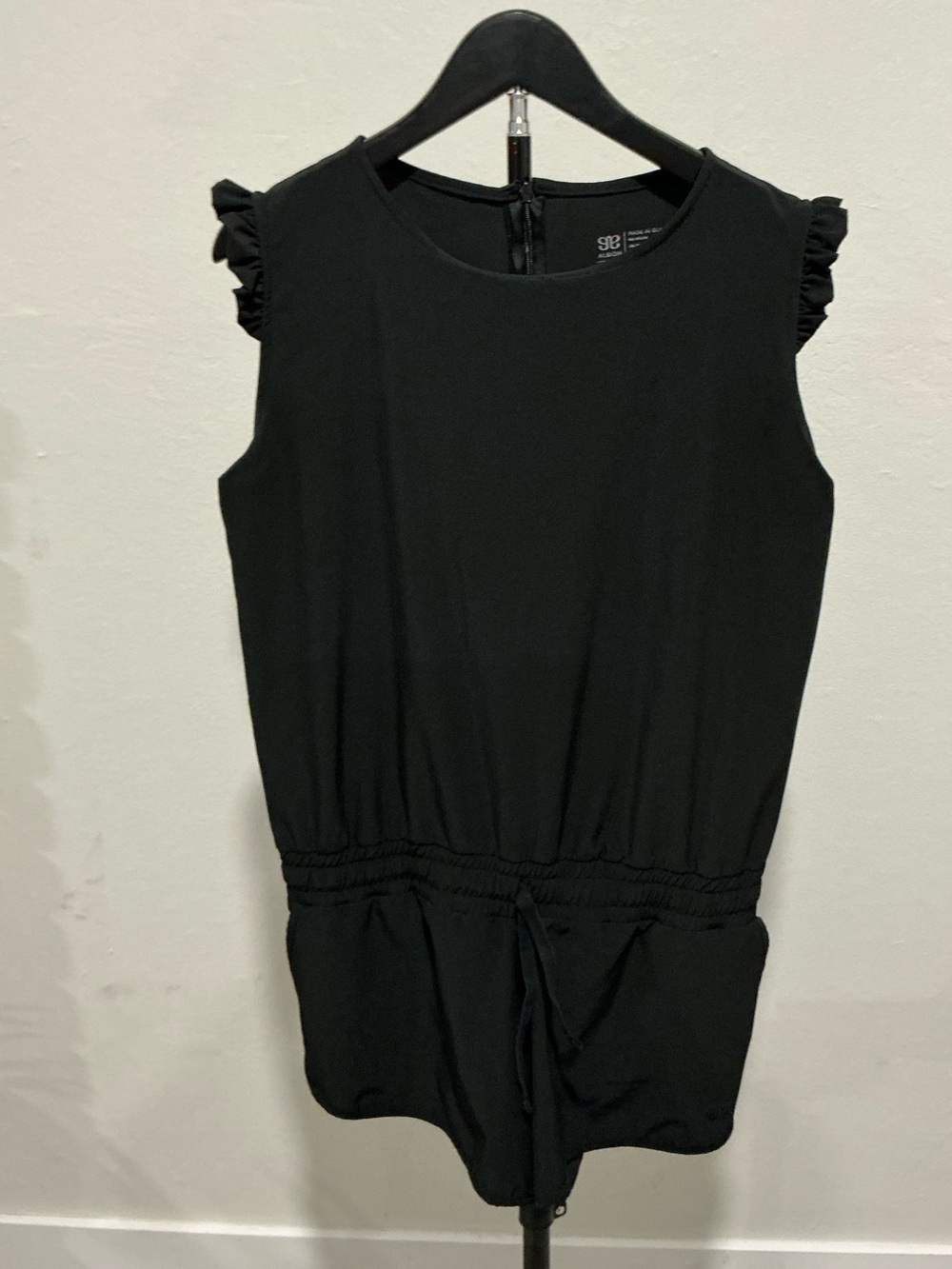 Albion Black Sleeveless Shorts Romper with Ruffle Shoulders